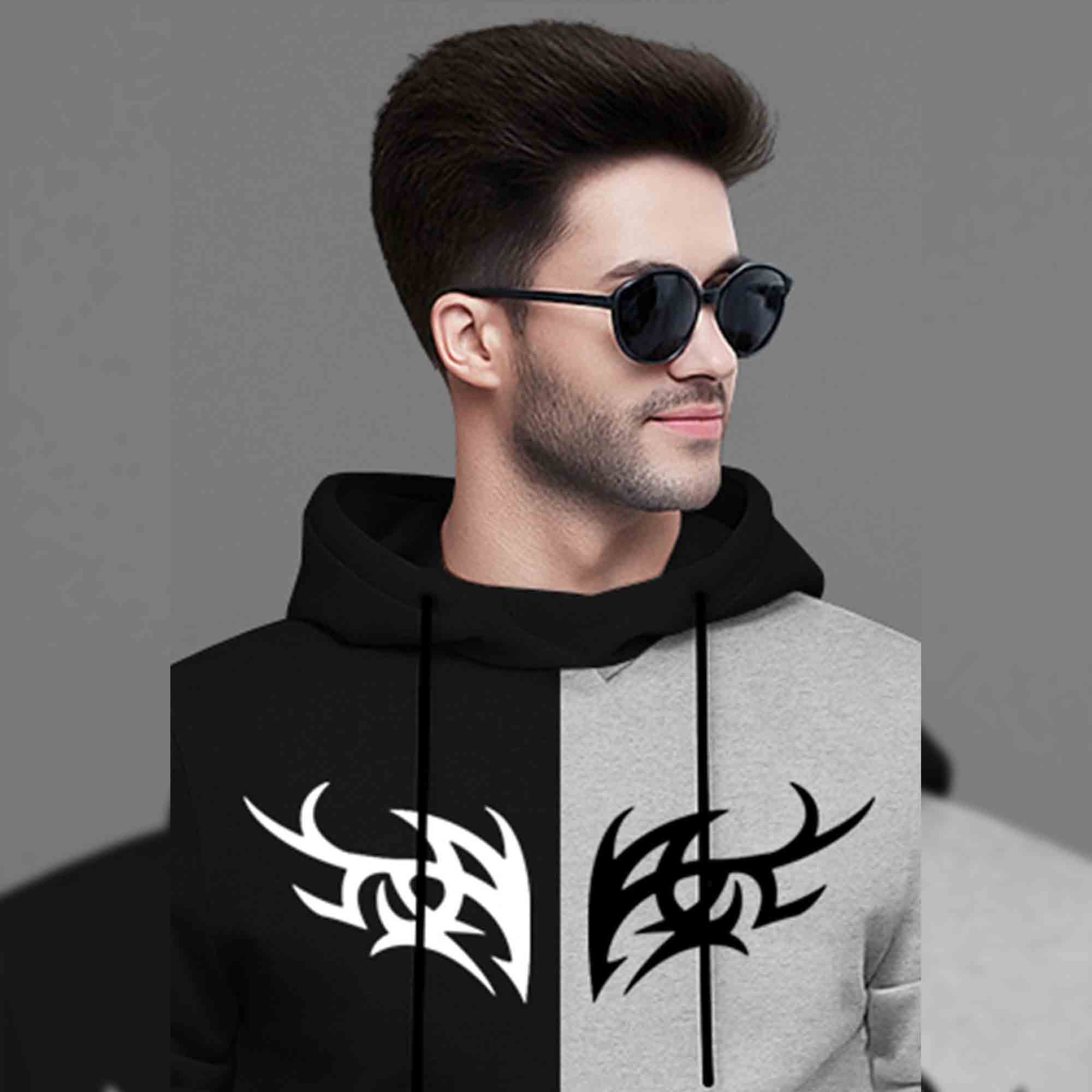 Mens Full Sleeve Hooded Neck Dual Color Printed T-shirt / Black & Grey