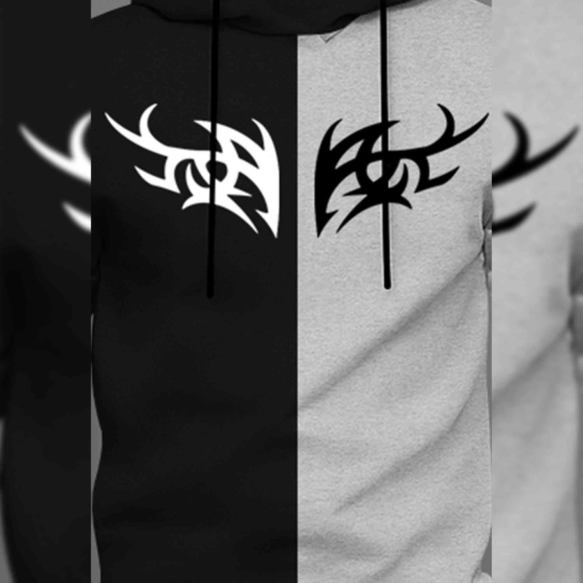 Mens Full Sleeve Hooded Neck Dual Color Printed T-shirt / Black & Grey