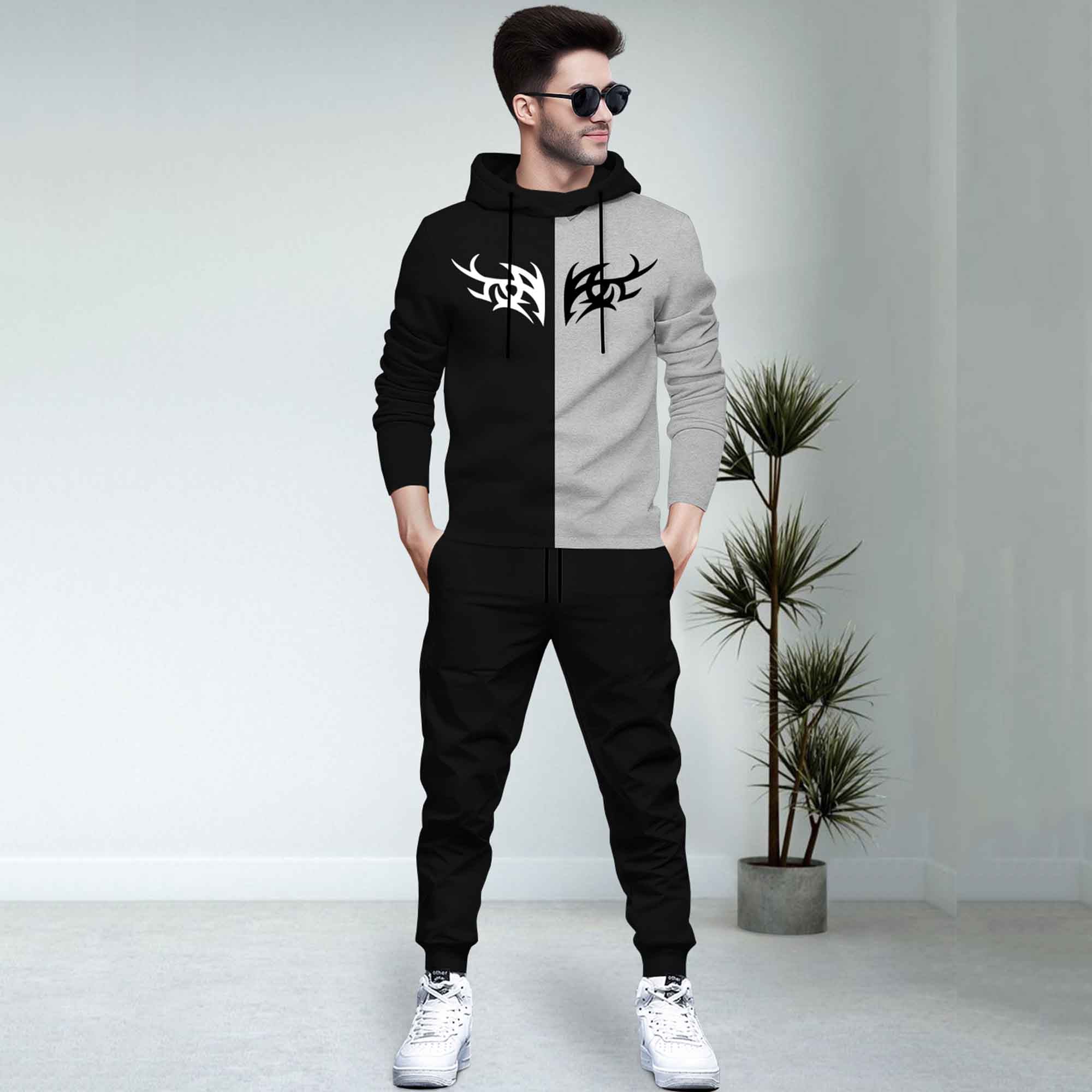 Dual Color Black & Grey T-shirt With Matching TrackPant Hoodie Tracksuit