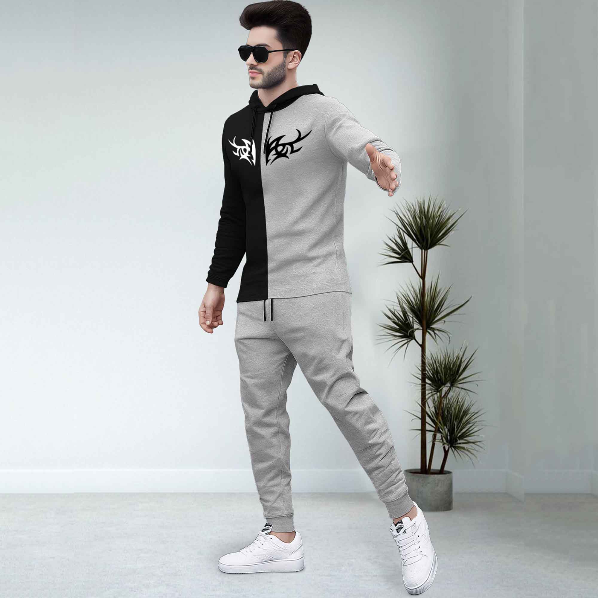 Dual Color Black & Grey T-shirt With Matching Grey TrackPant Hoodie Tracksuit