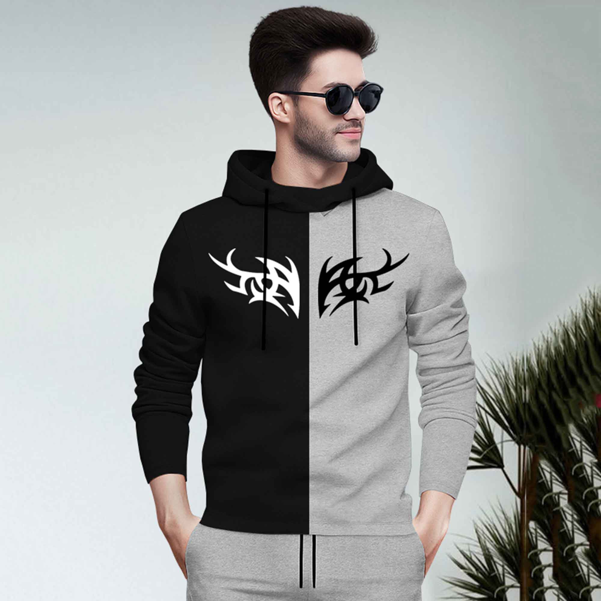 Dual Color Black & Grey T-shirt With Matching Grey TrackPant Hoodie Tracksuit