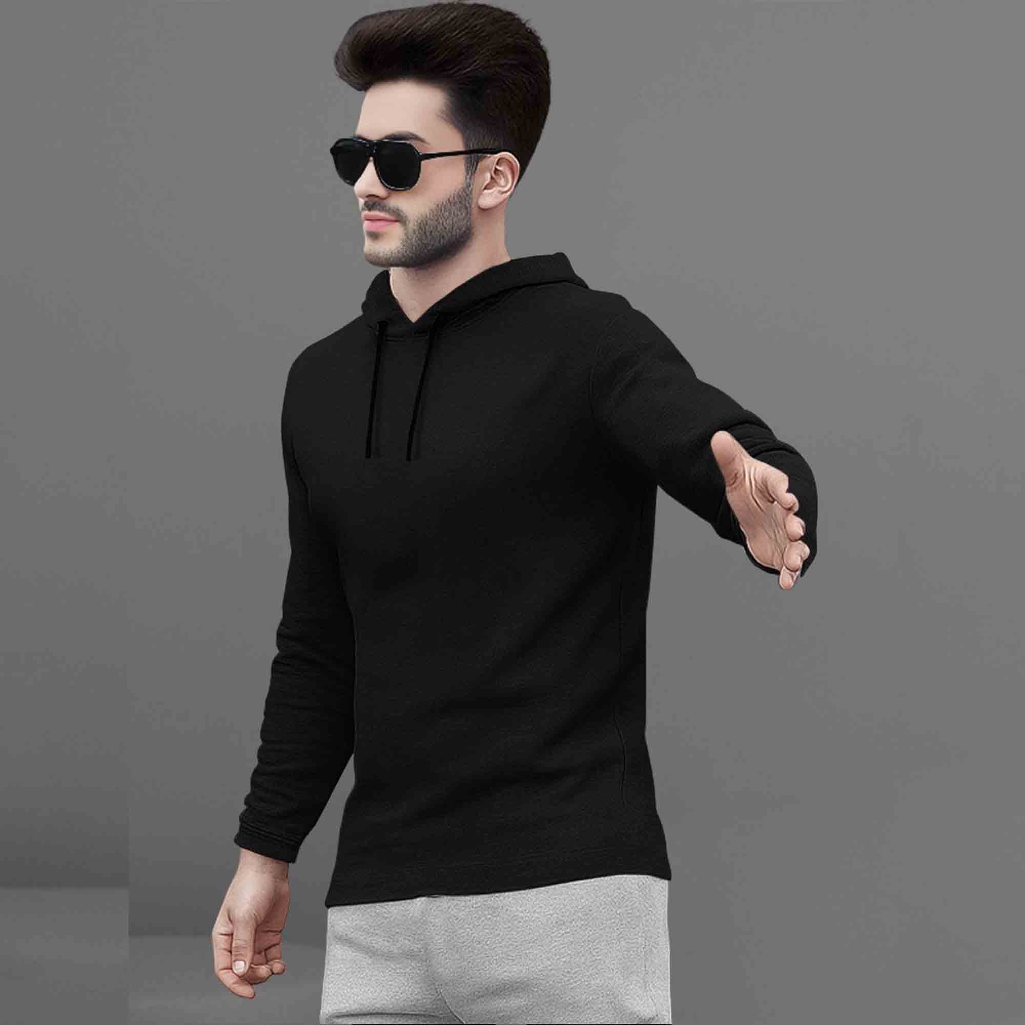 Mens Black Full Sleeve Plain Hooded T-shirt