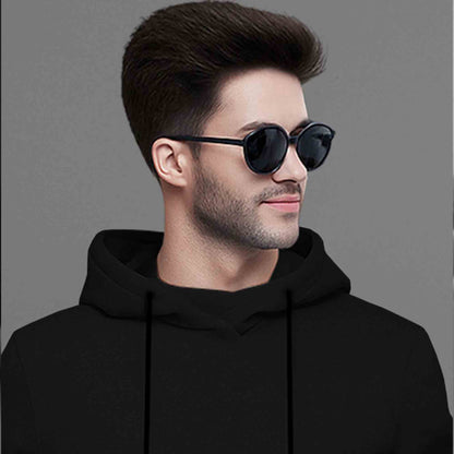 Mens Black Full Sleeve Plain Hooded T-shirt