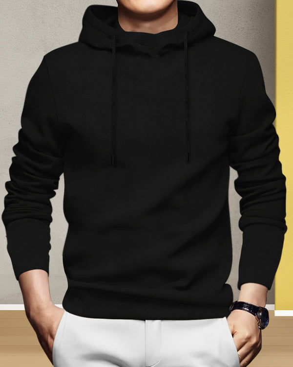 Mens Black Full Sleeve Plain Hooded T-shirt