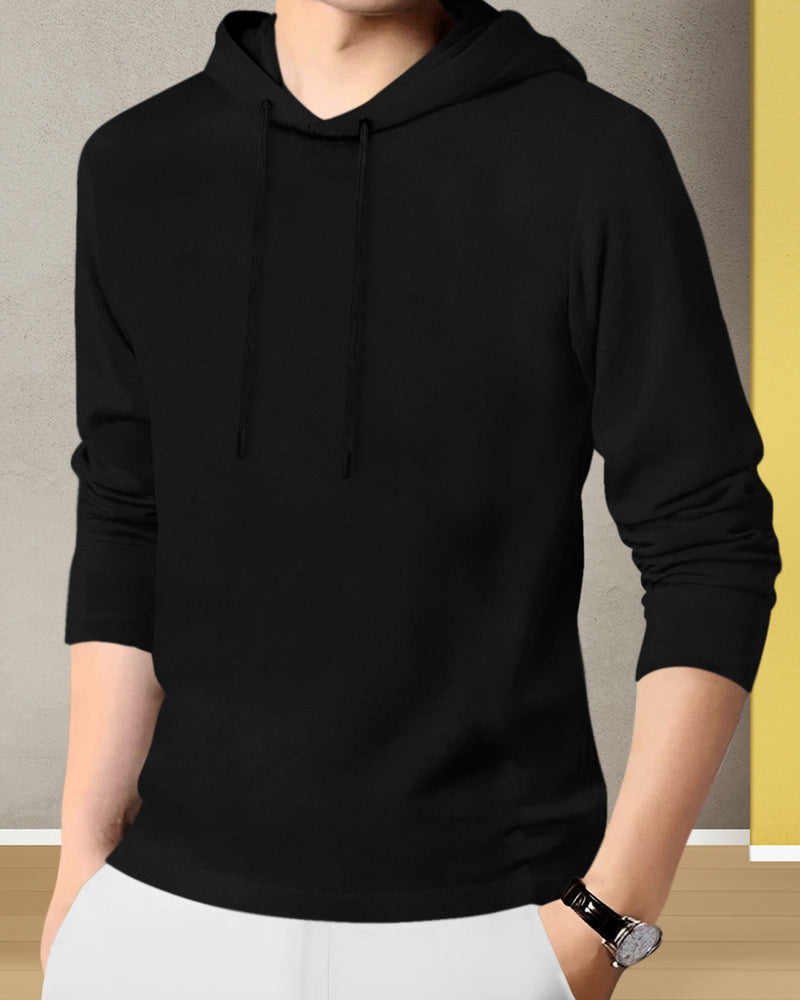 Mens Black Full Sleeve Plain Hooded T-shirt