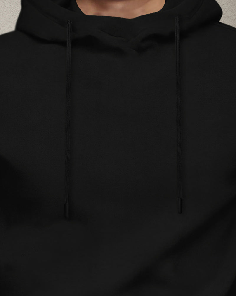 Mens Black Full Sleeve Plain Hooded T-shirt