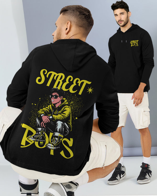 MEN BLACK PRINTED HOODED BLACK T-shirt