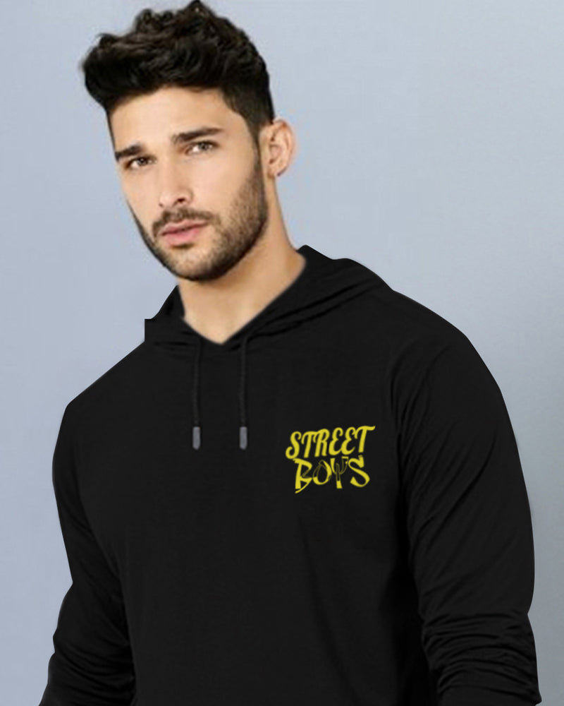 MEN BLACK PRINTED HOODED BLACK T-shirt