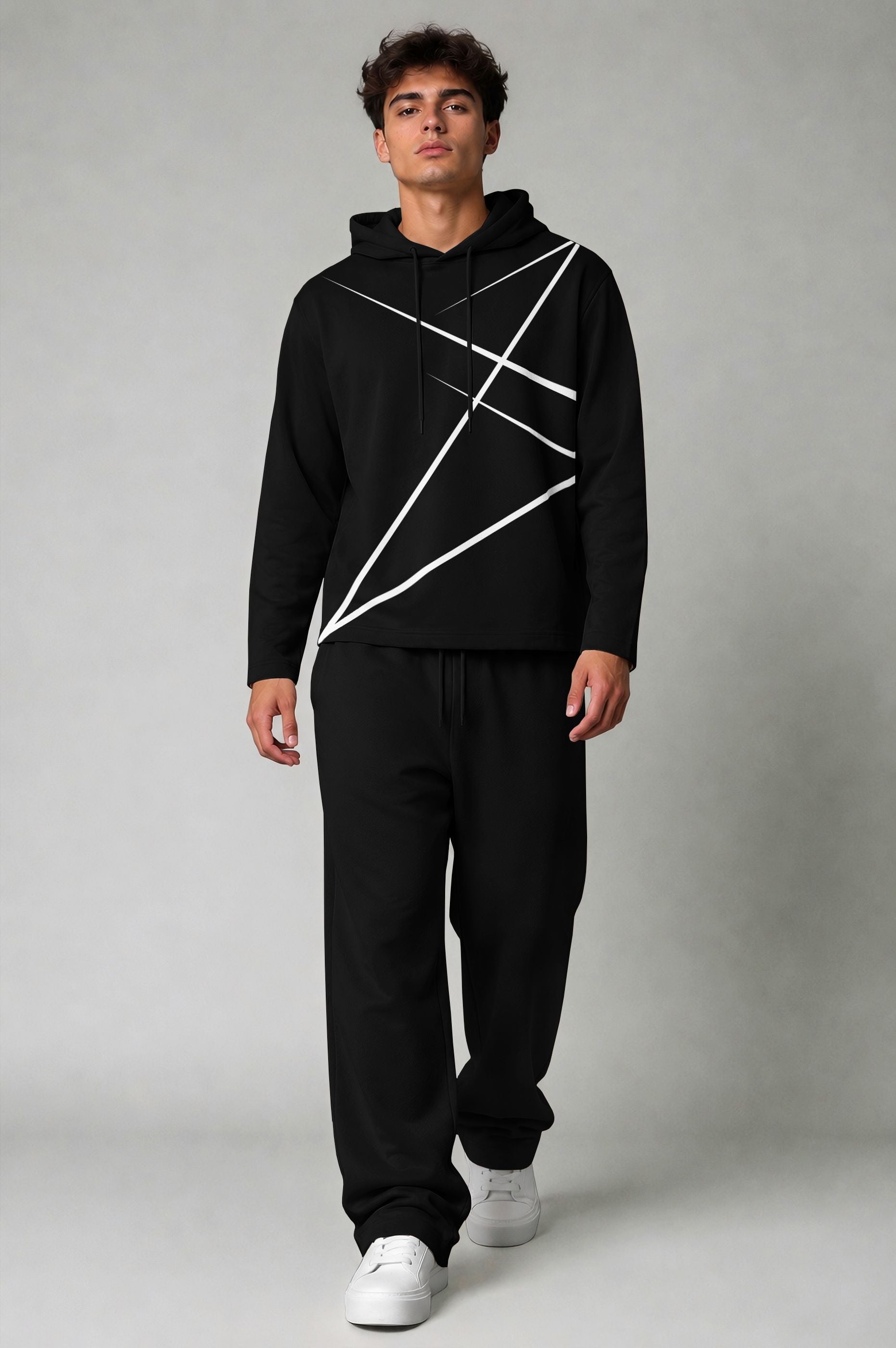 Mens Geometric Graphic Printed Hooded T-shirt And Plain Baggy Trackpant Outfit Set
