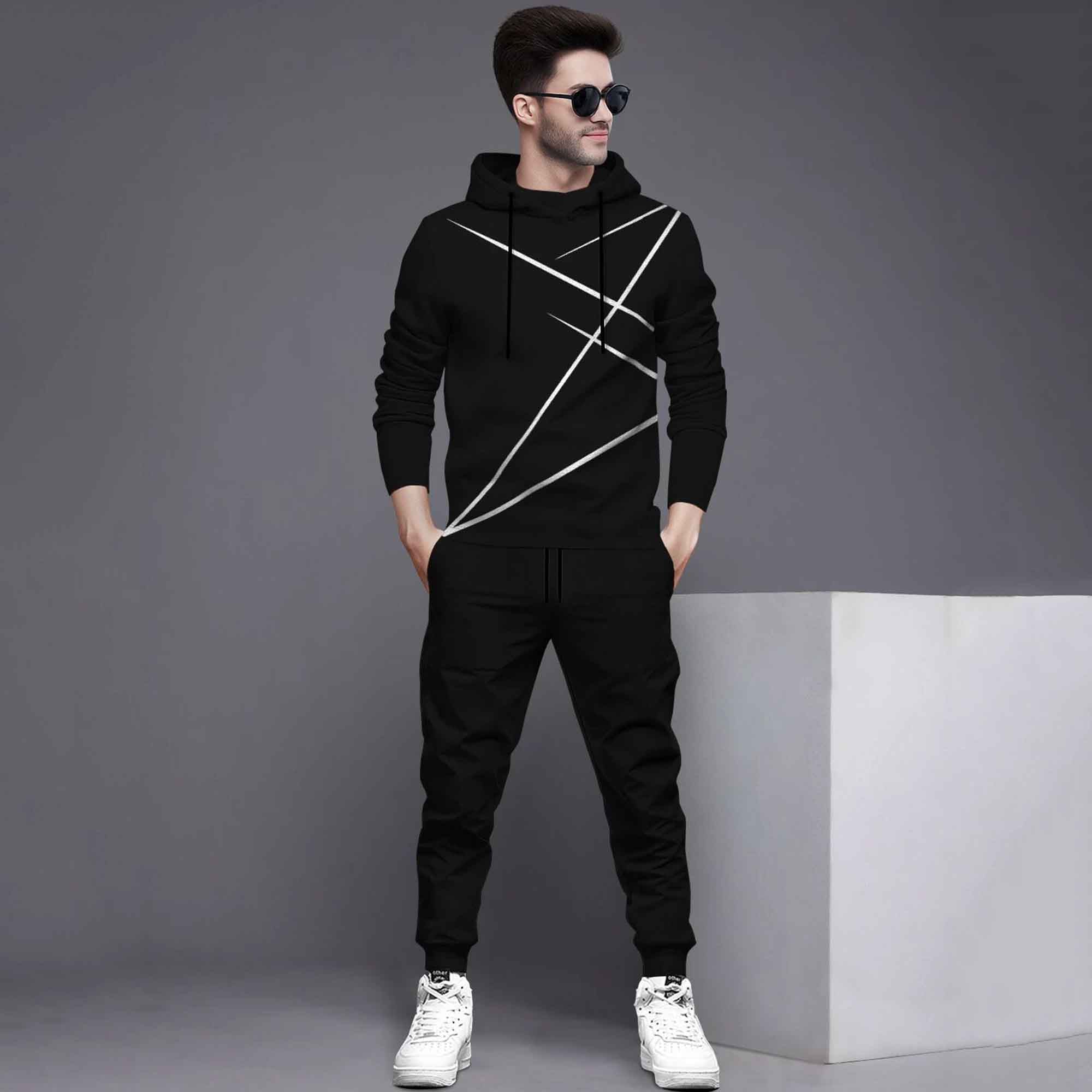 Full Sleeve ZigZag Parttern Black T-shirt With Matching Trackpant
