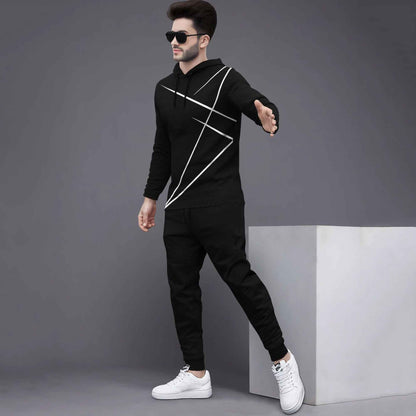 Full Sleeve ZigZag Parttern Black T-shirt With Matching Trackpant