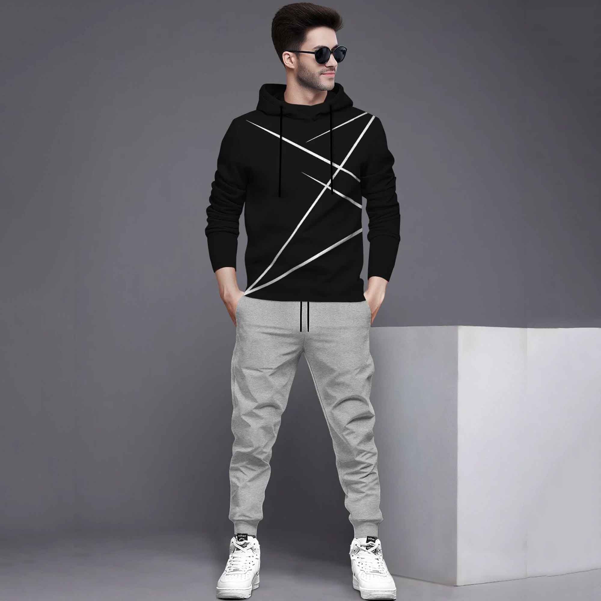 Full Sleeve ZigZag Parttern Black T-shirt With Matching Trackpant
