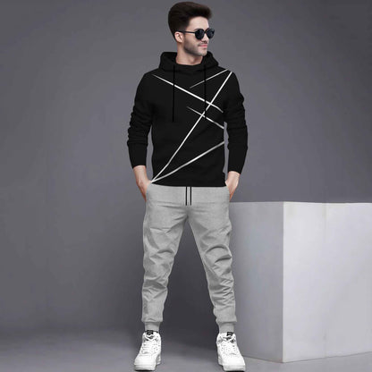 Full Sleeve ZigZag Parttern Black T-shirt With Matching Trackpant