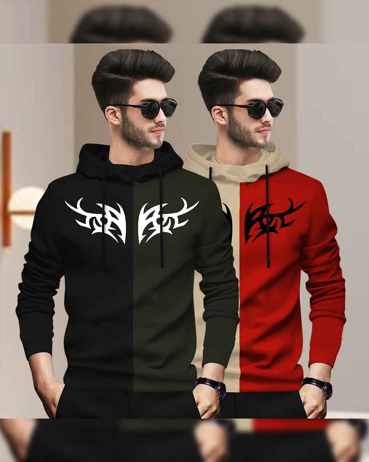 Pack Of 2 Full Sleeve Dual Color Printed Hooded T-shirts 7 Variants
