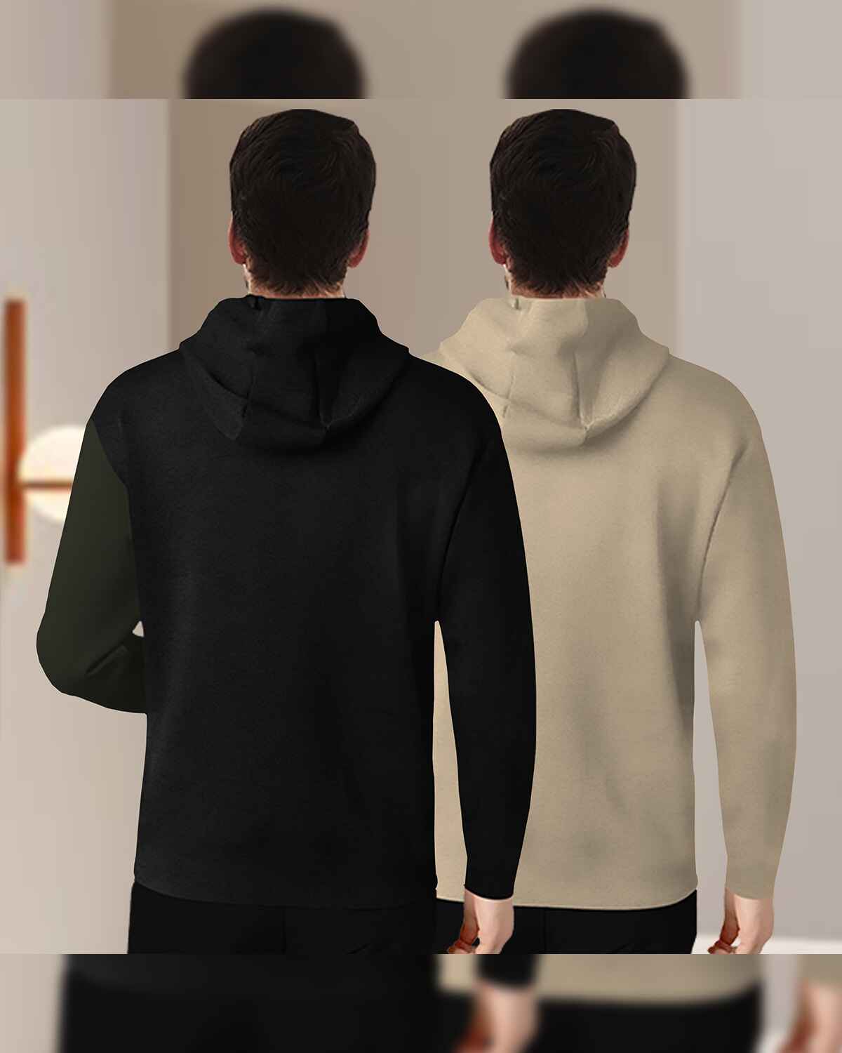 (Pack Of 2) Mens Printed Hooded Full Sleeve T-shirt Black & Beige