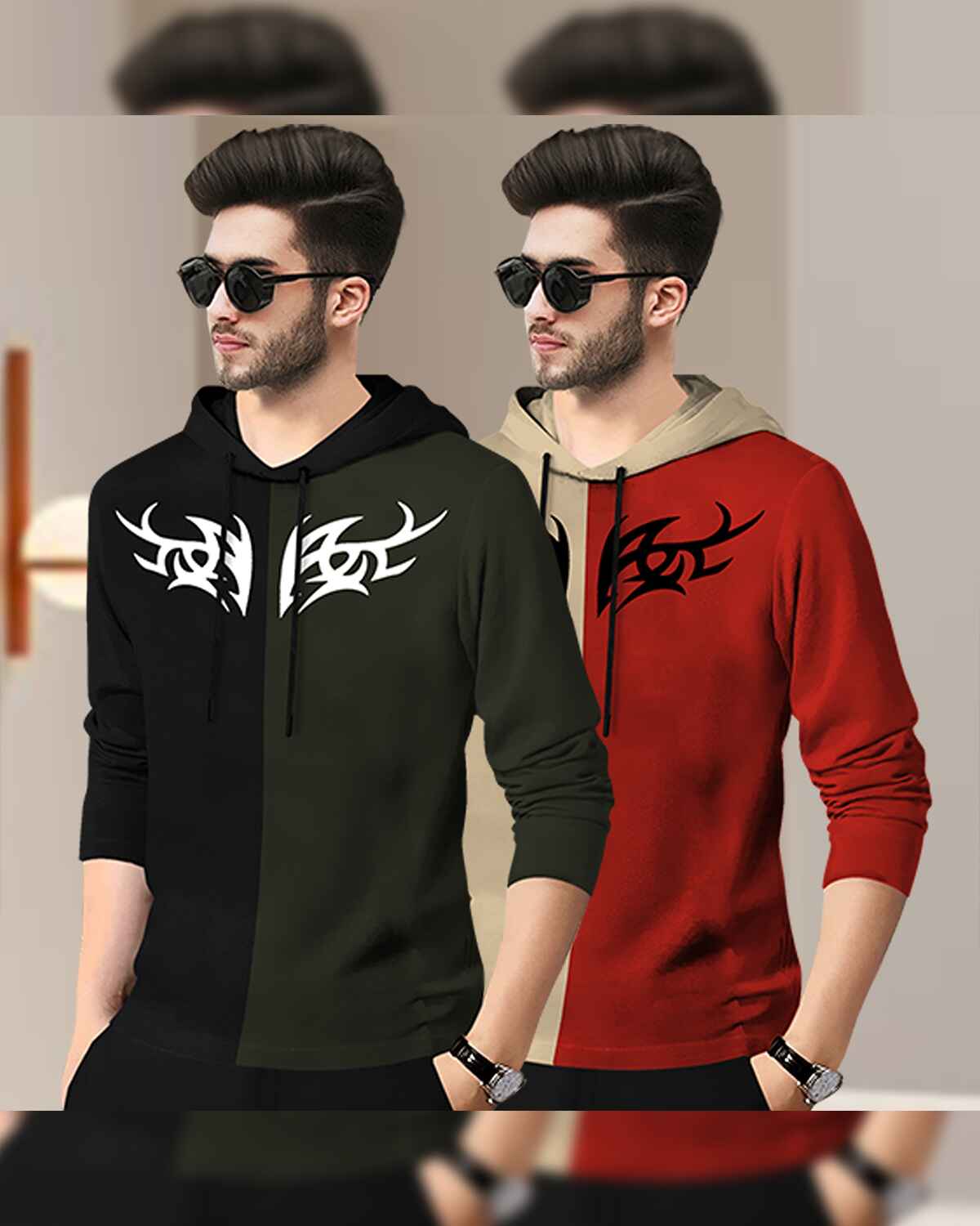 (Pack Of 2) Mens Printed Hooded Full Sleeve T-shirt Black & Beige
