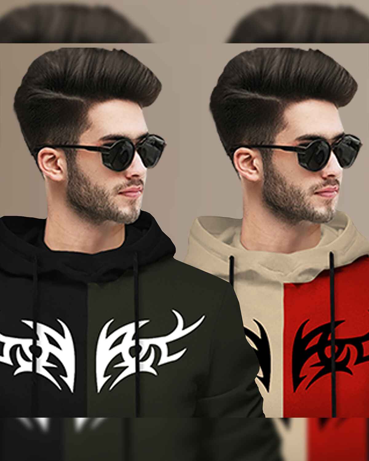 (Pack Of 2) Mens Printed Hooded Full Sleeve T-shirt Black & Beige