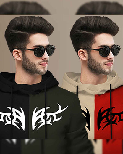 (Pack Of 2) Mens Printed Hooded Full Sleeve T-shirt Black & Beige