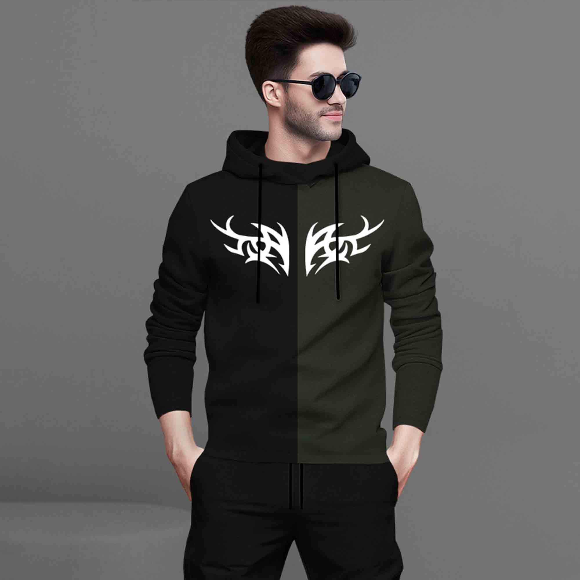 Mens Full Sleeve Hooded Neck Dual Color Printed T-shirt Black & Olive