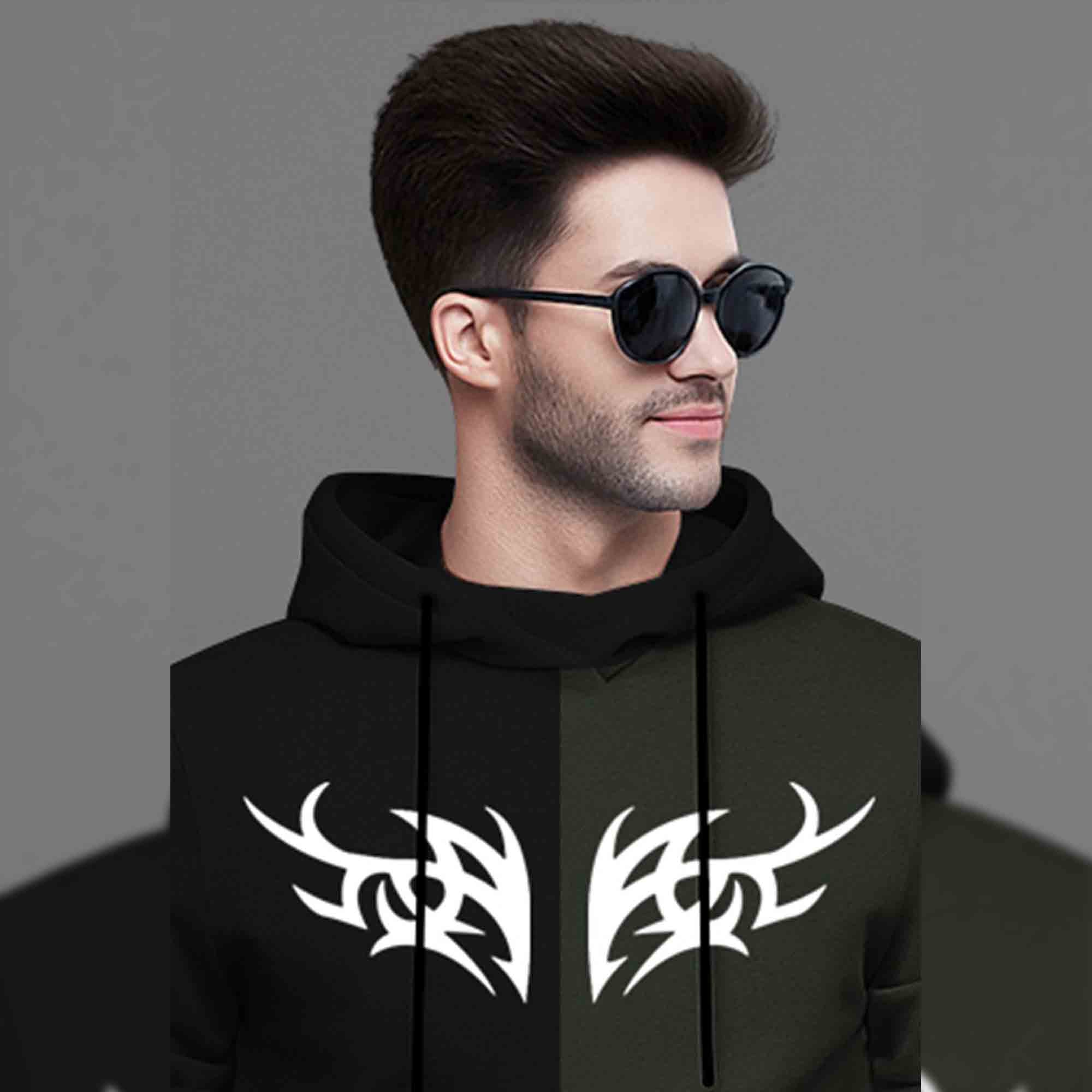 Mens Full Sleeve Hooded Neck Dual Color Printed T-shirt Black & Olive