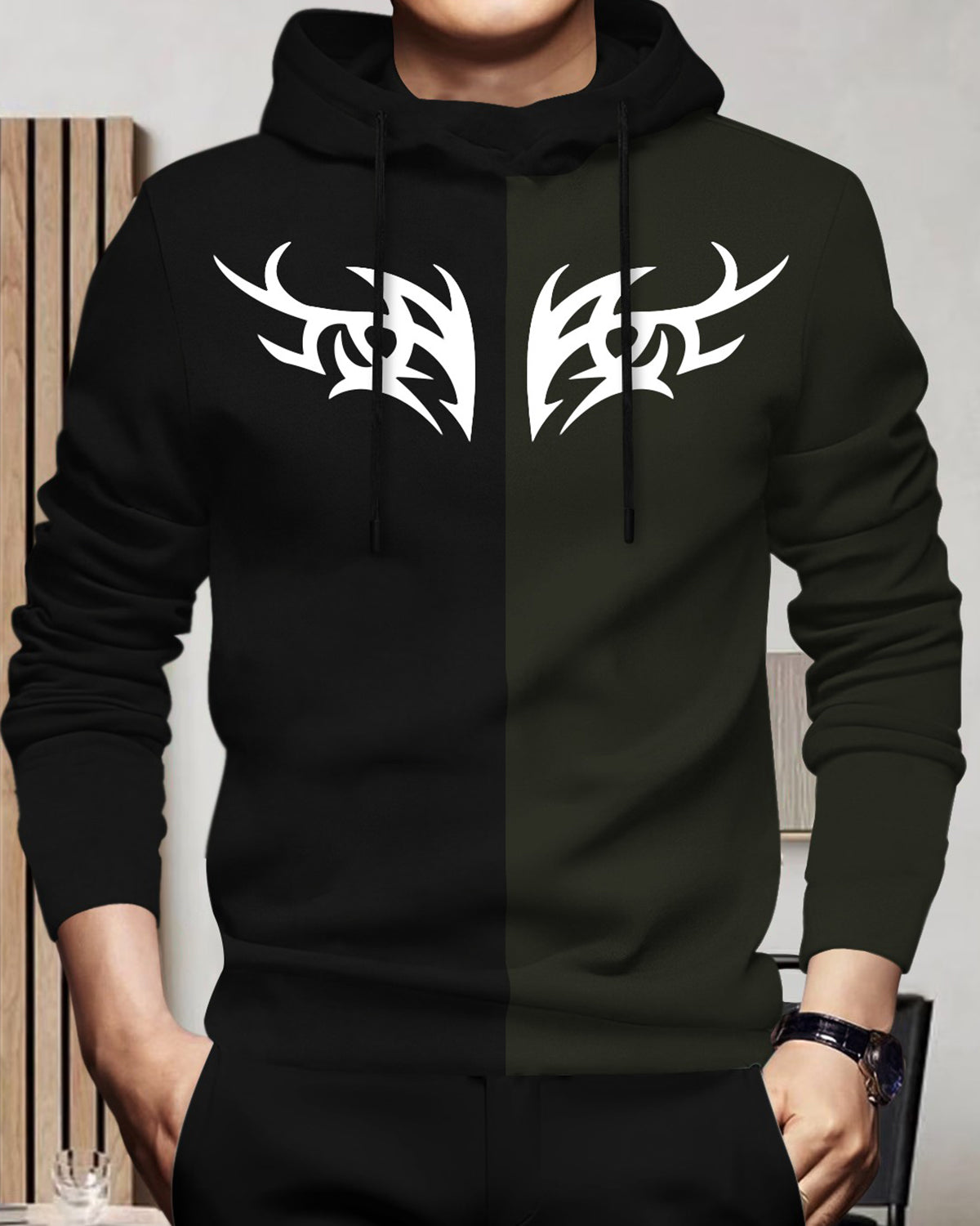 Mens Full Sleeve Hooded Neck Dual Color Printed T-shirt - 7 Variants
