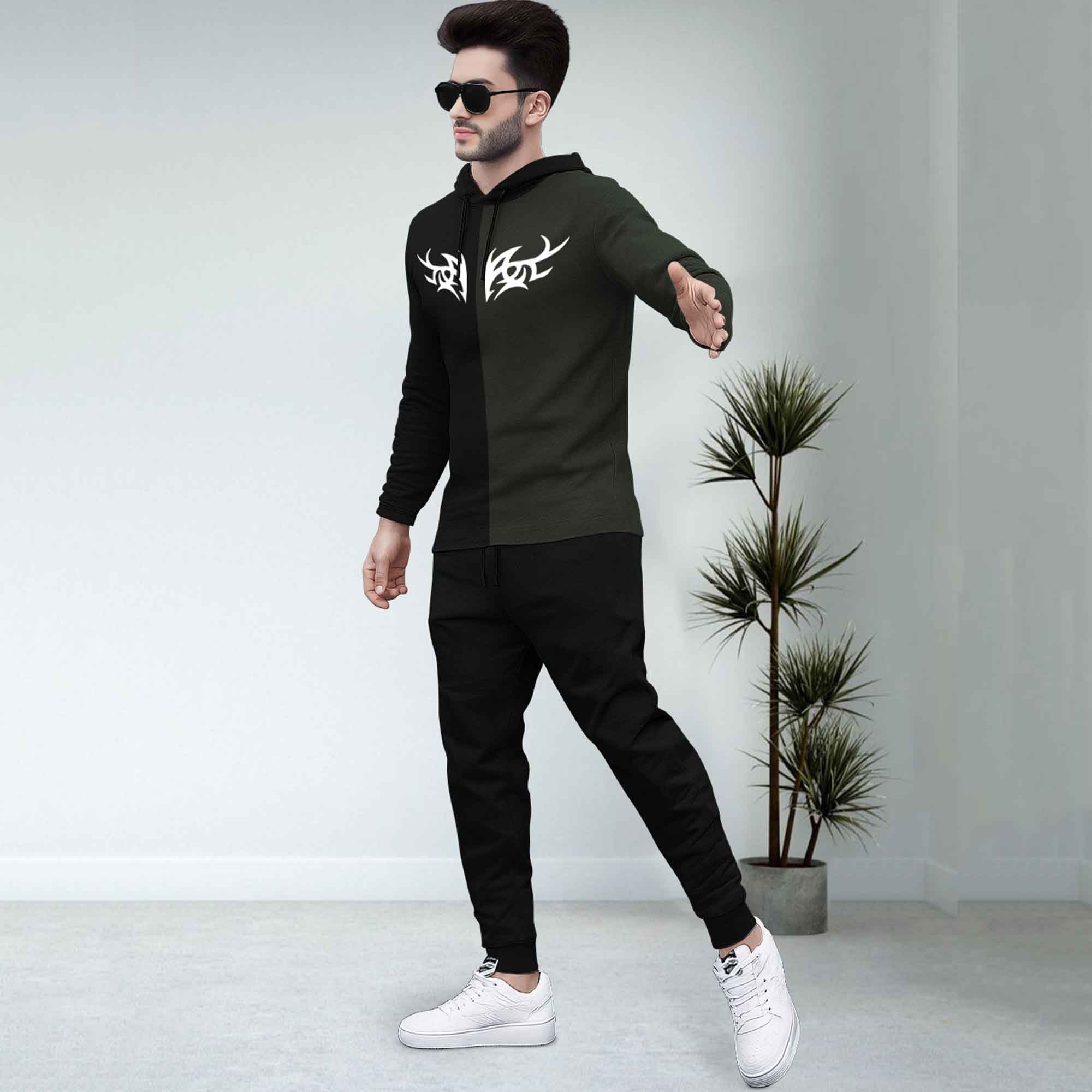 Dual Color Black T-shirt With Matching TrackPant Hoodie Tracksuit