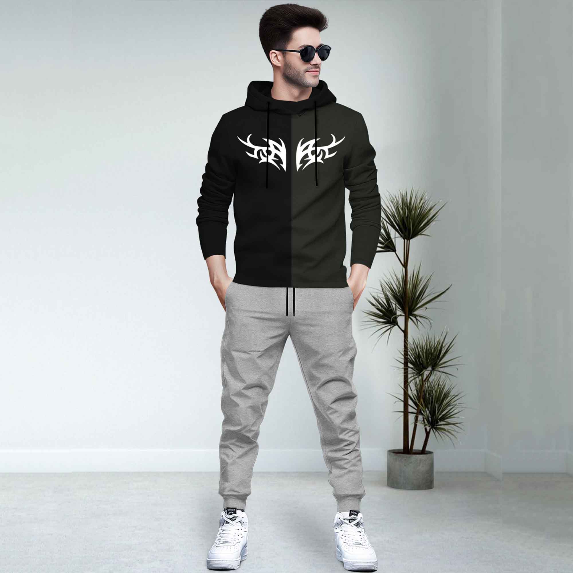 Dual Color Black T-shirt With Matching Grey TrackPant Hoodie Tracksuit
