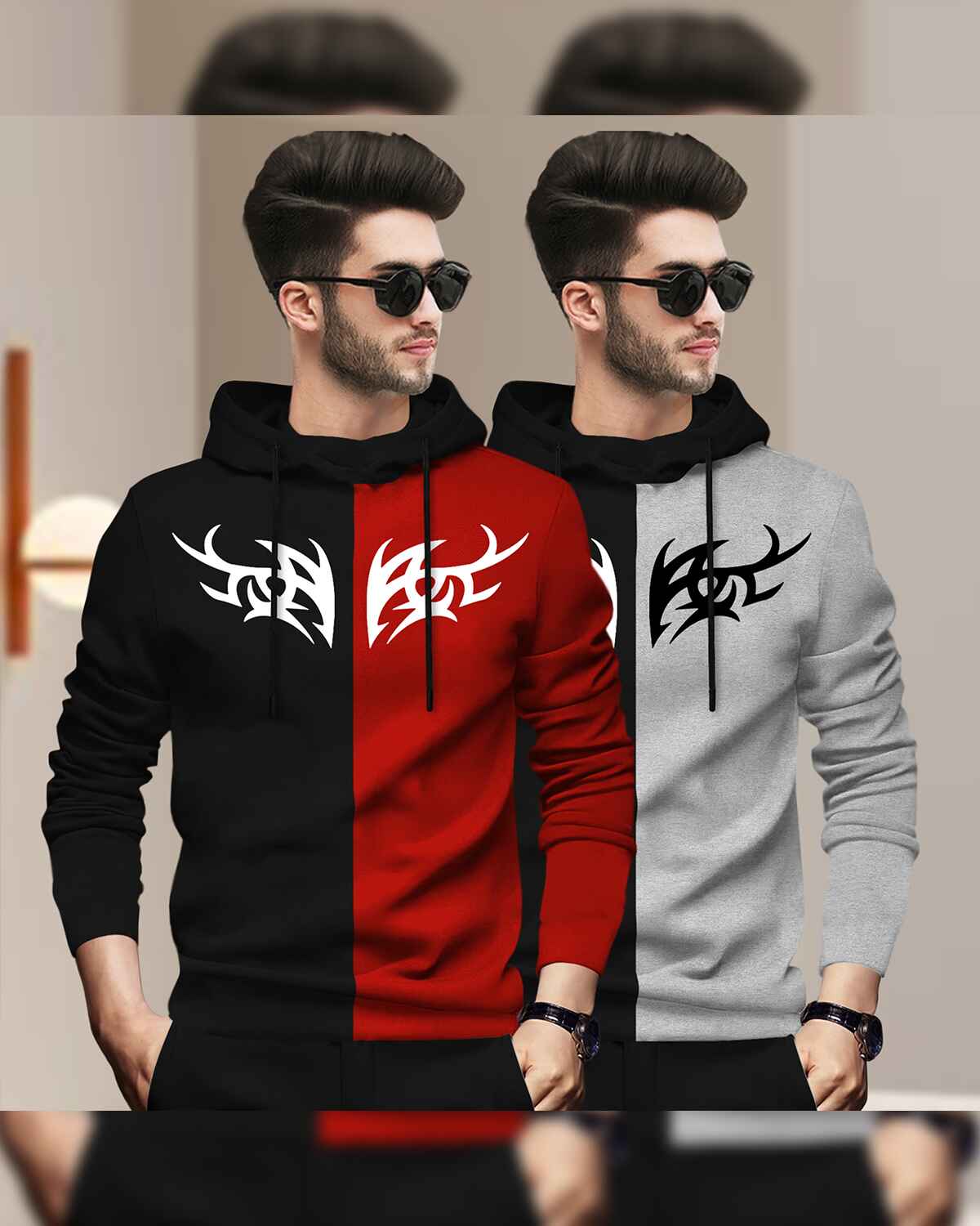 Pack Of 2 Full Sleeve Dual Color Printed Hooded T-shirts 7 Variants