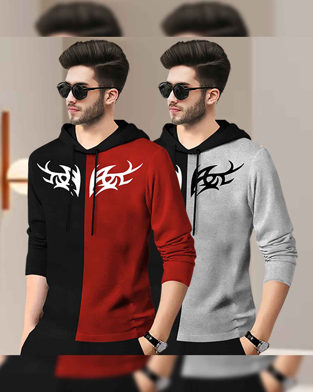 (Pack Of 2) Mens Printed Hooded Full Sleeve T-shirt / Black & Grey