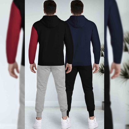 (Pack Of 2) Printed Tracksuit Black & Navy Hooded T-shirts - Matching Plain Trackpants