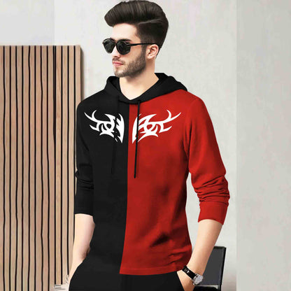 Mens Full Sleeve Hooded Neck Dual Color Printed T-shirt / Black & Red