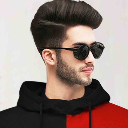 Mens Full Sleeve Hooded Neck Dual Color Printed T-shirt / Black & Red