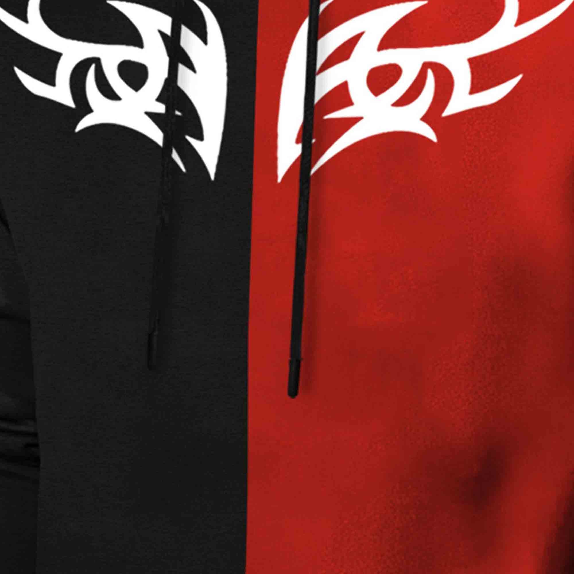 Mens Full Sleeve Hooded Neck Dual Color Printed T-shirt / Black & Red