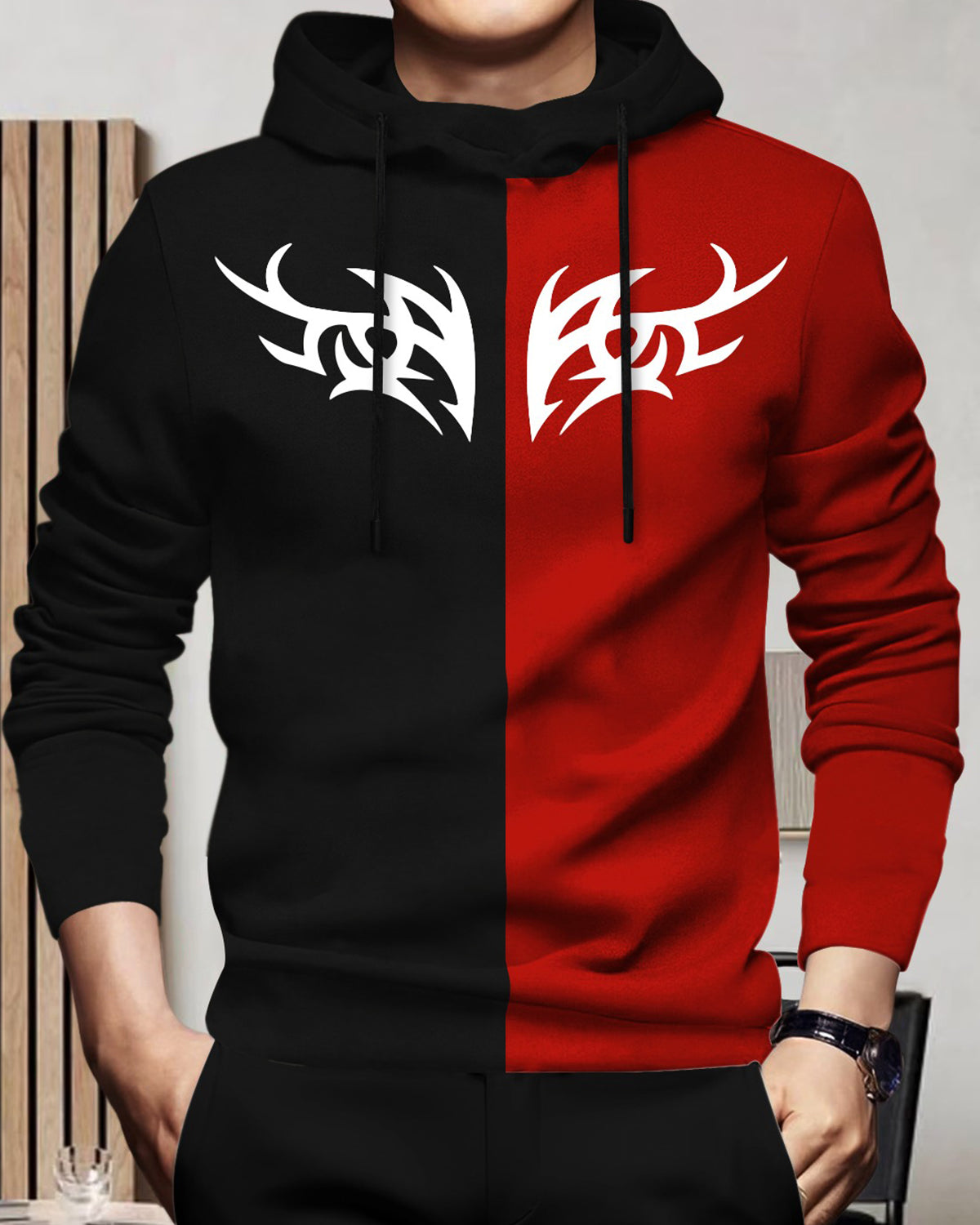 Mens Full Sleeve Hooded Neck Dual Color Printed T-shirt - 7 Variants