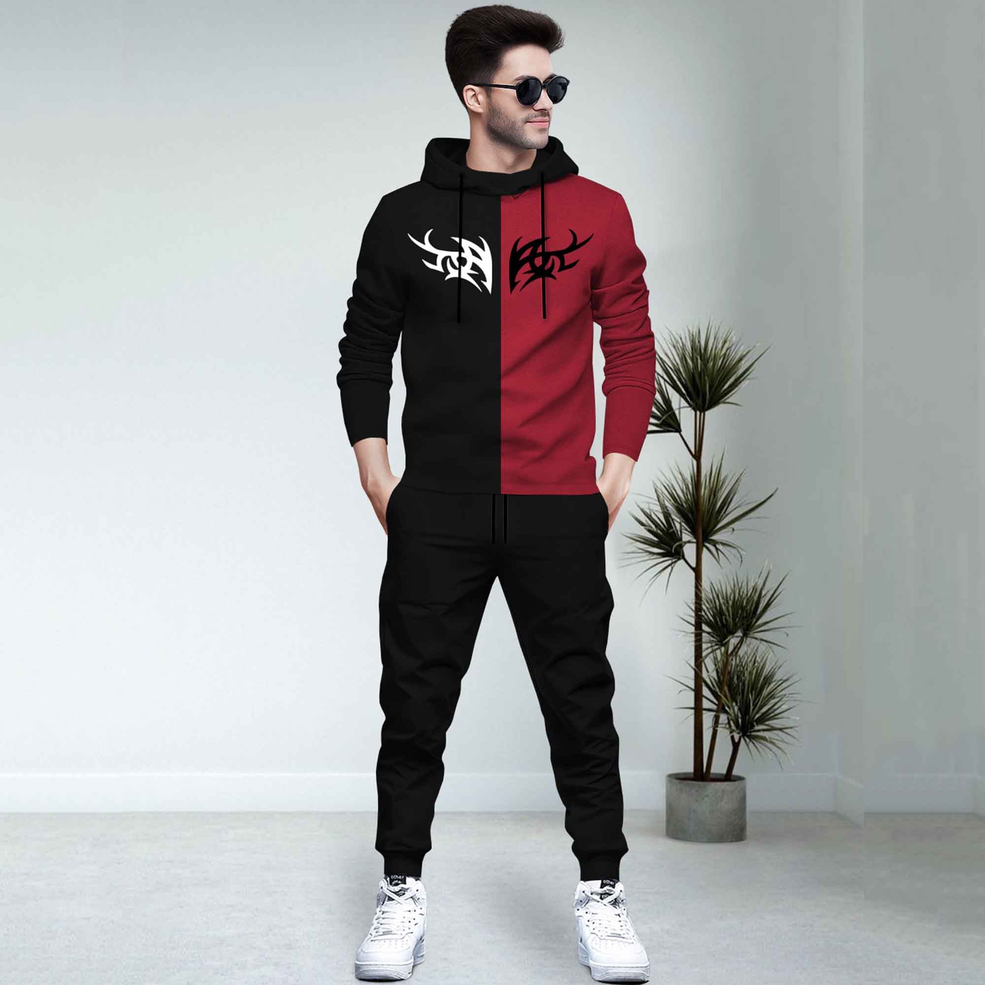 Dual Color Black & Red T-shirt With Matching TrackPant Hoodie Tracksuit