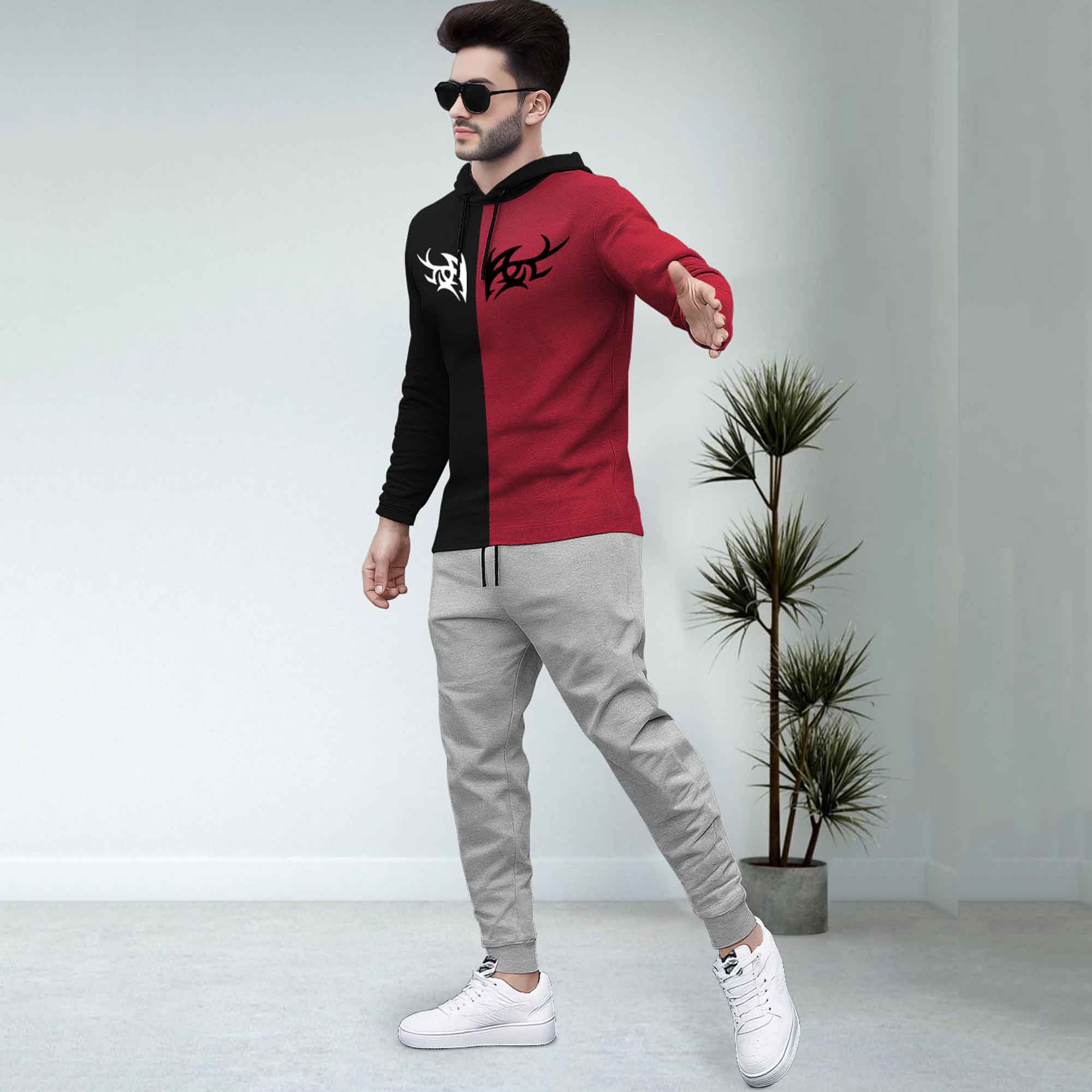 Dual Color Black & Red T-shirt With Grey Matching TrackPant Hoodie Tracksuit