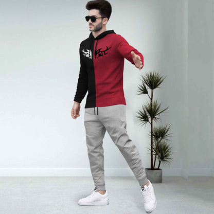 Dual Color Black & Red T-shirt With Grey Matching TrackPant Hoodie Tracksuit