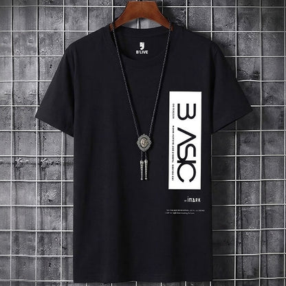 Men Simple Print Half Sleeve T-shirt Black