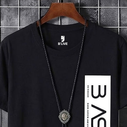 Men Simple Print Half Sleeve T-shirt Black
