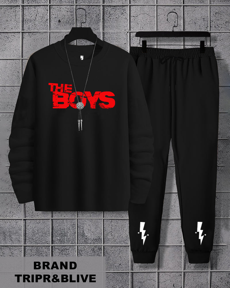 Tracksuit For Mens Round Neck Black T-shirt / Printed Black Trackpant