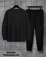 Tracksuit For Mens Round Neck Black T-shirt / Printed Black Trackpant