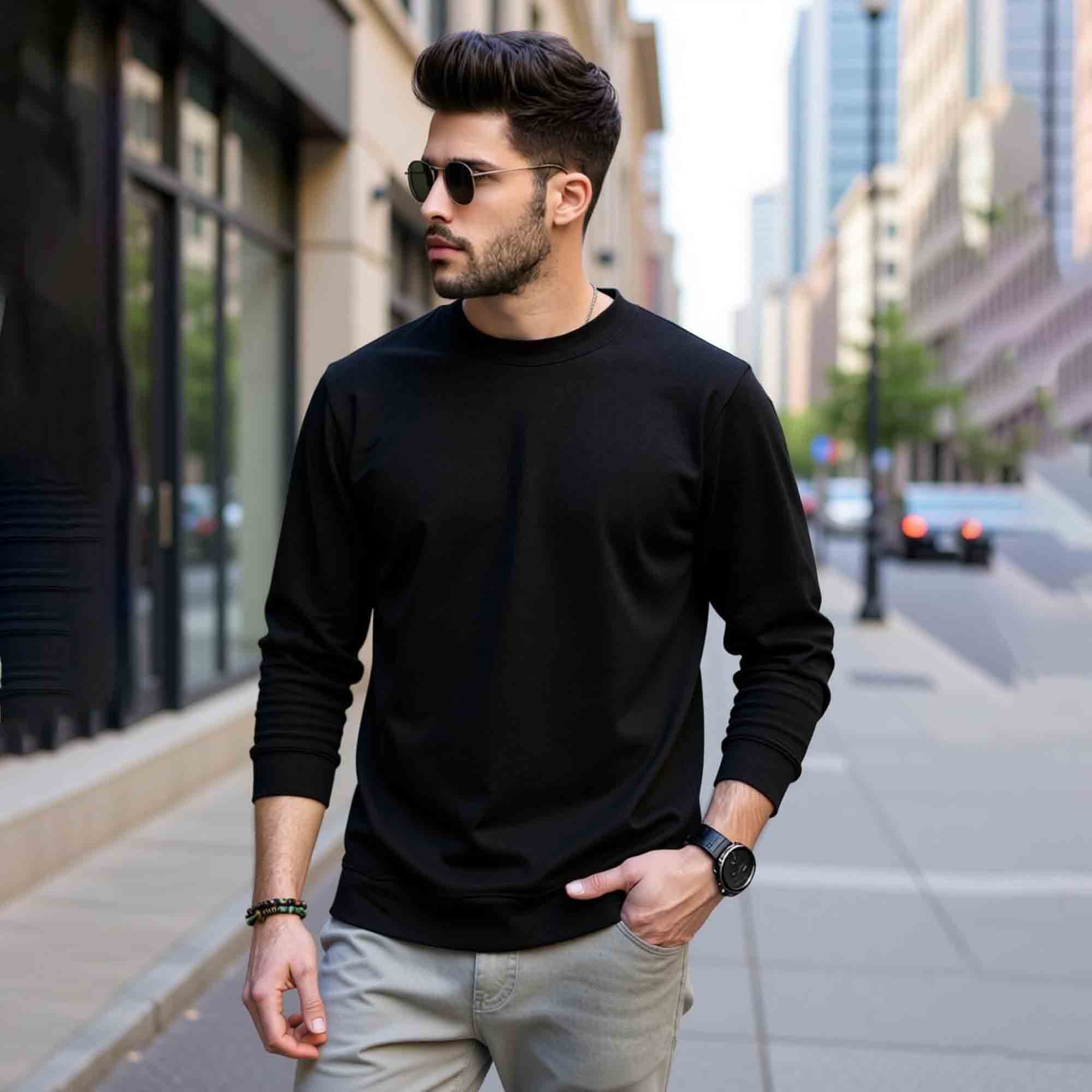 Mens Full Sleeve Round Neck Black T-shirt