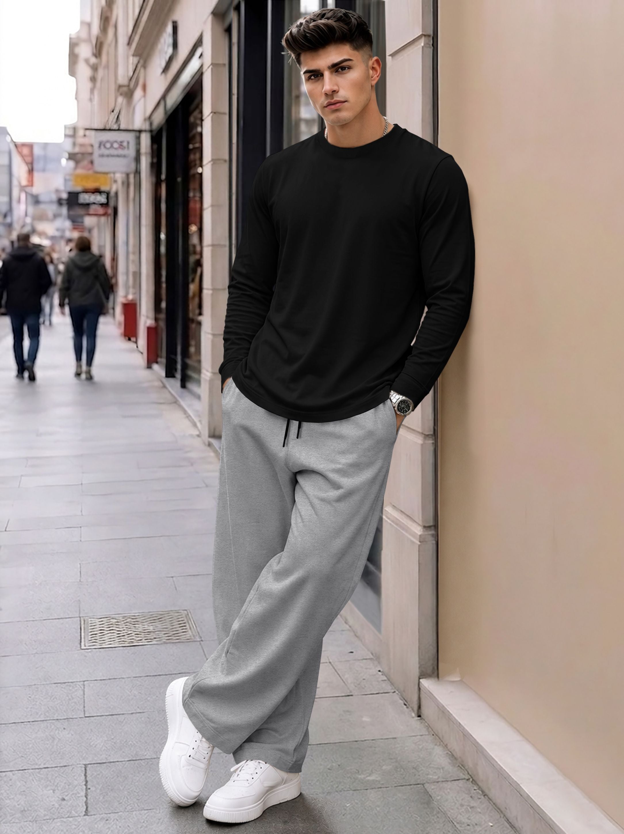 Men Plain Full Sleeve T-shirts and Plain Baggy Trackpants Outfit Sets