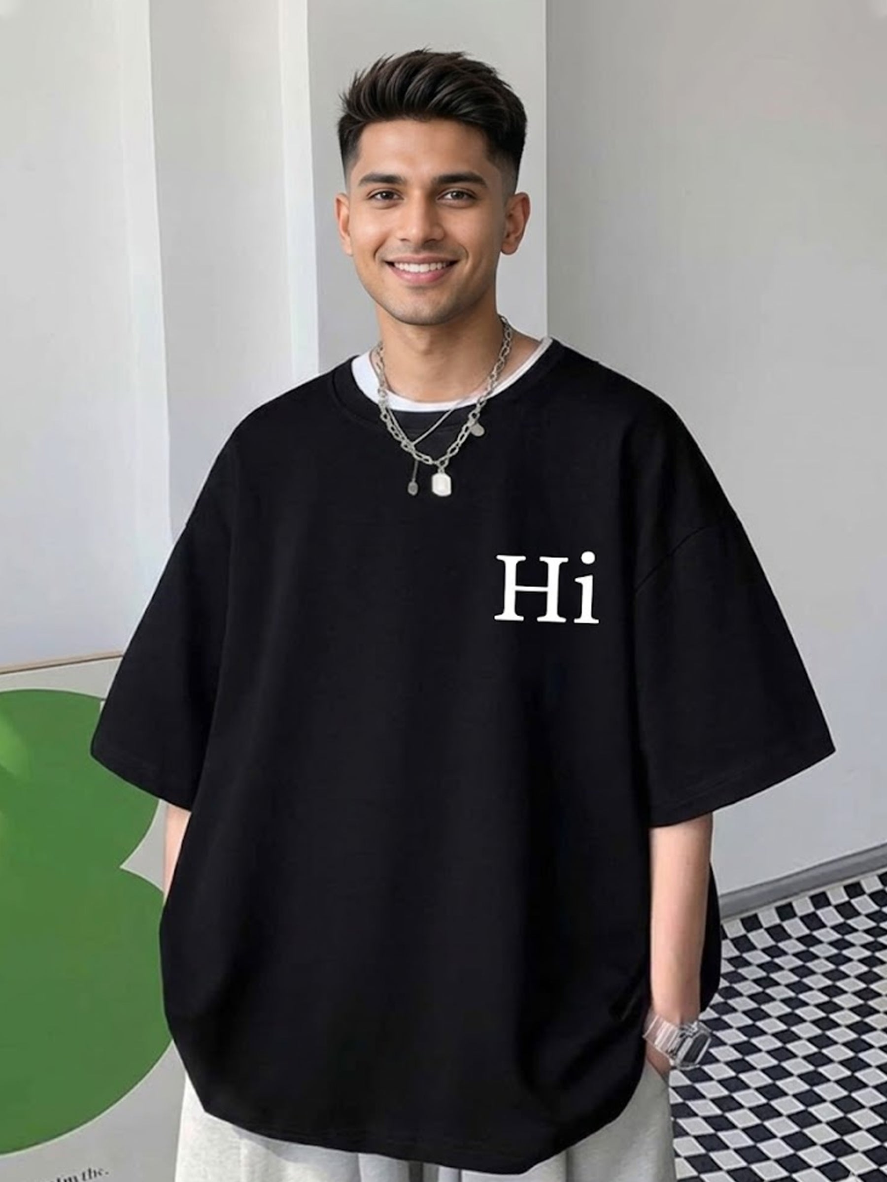 Mens Black 'HI' Graphic Printed Oversized T-Shirt Black