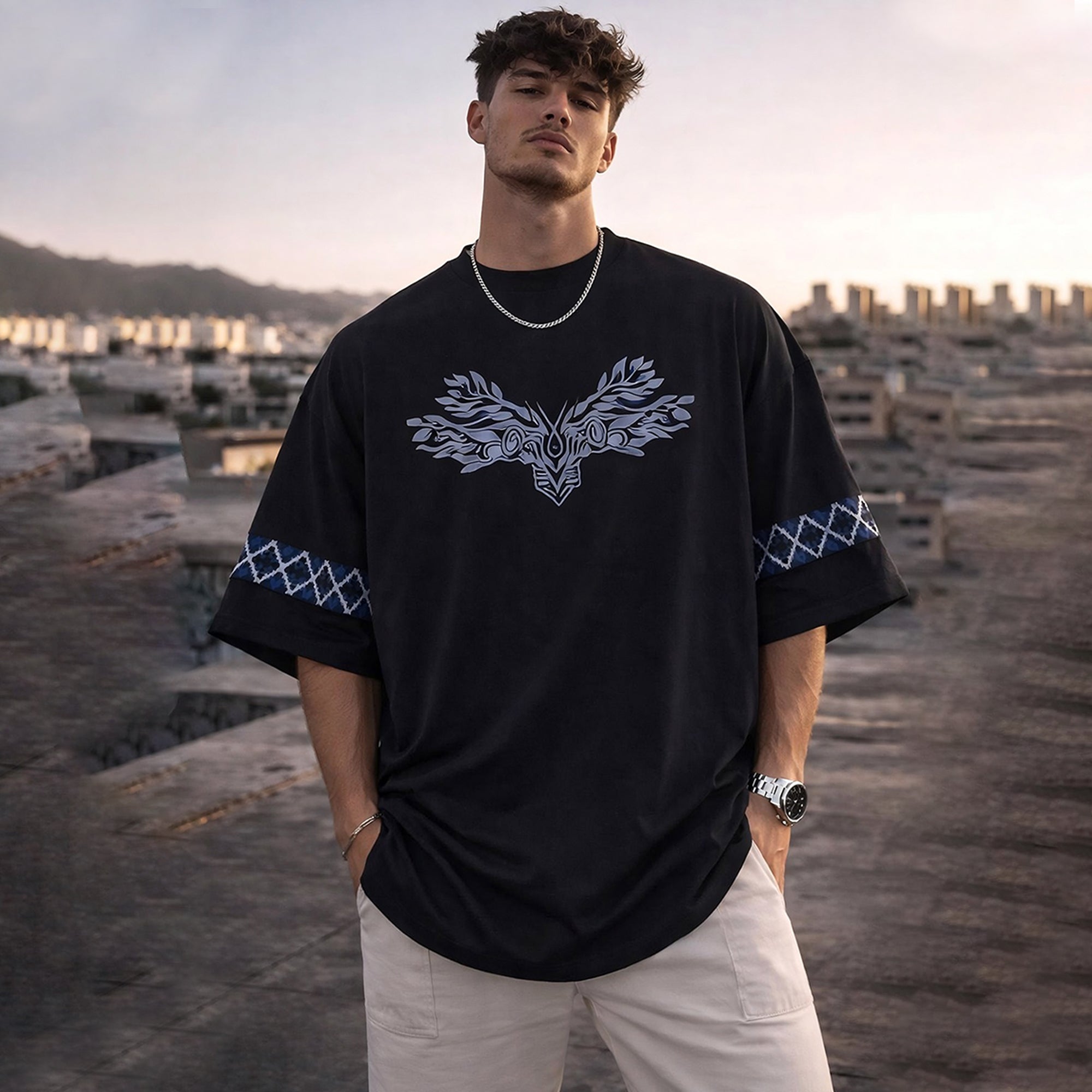 Mens Back Printed Over Sized Graphic Design T-shirt Black