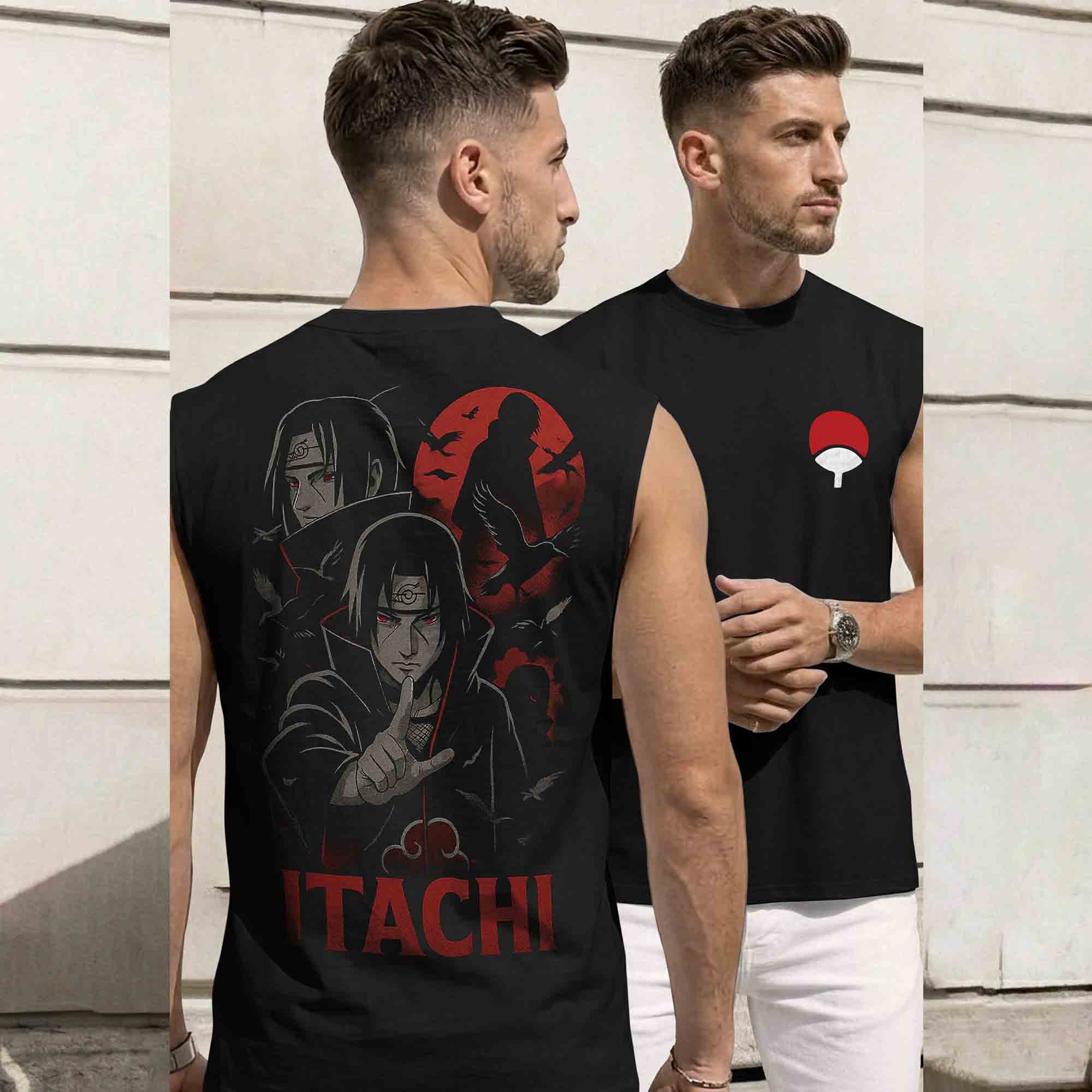 Men Round Neck 'itachi' Back Printed Vest Black