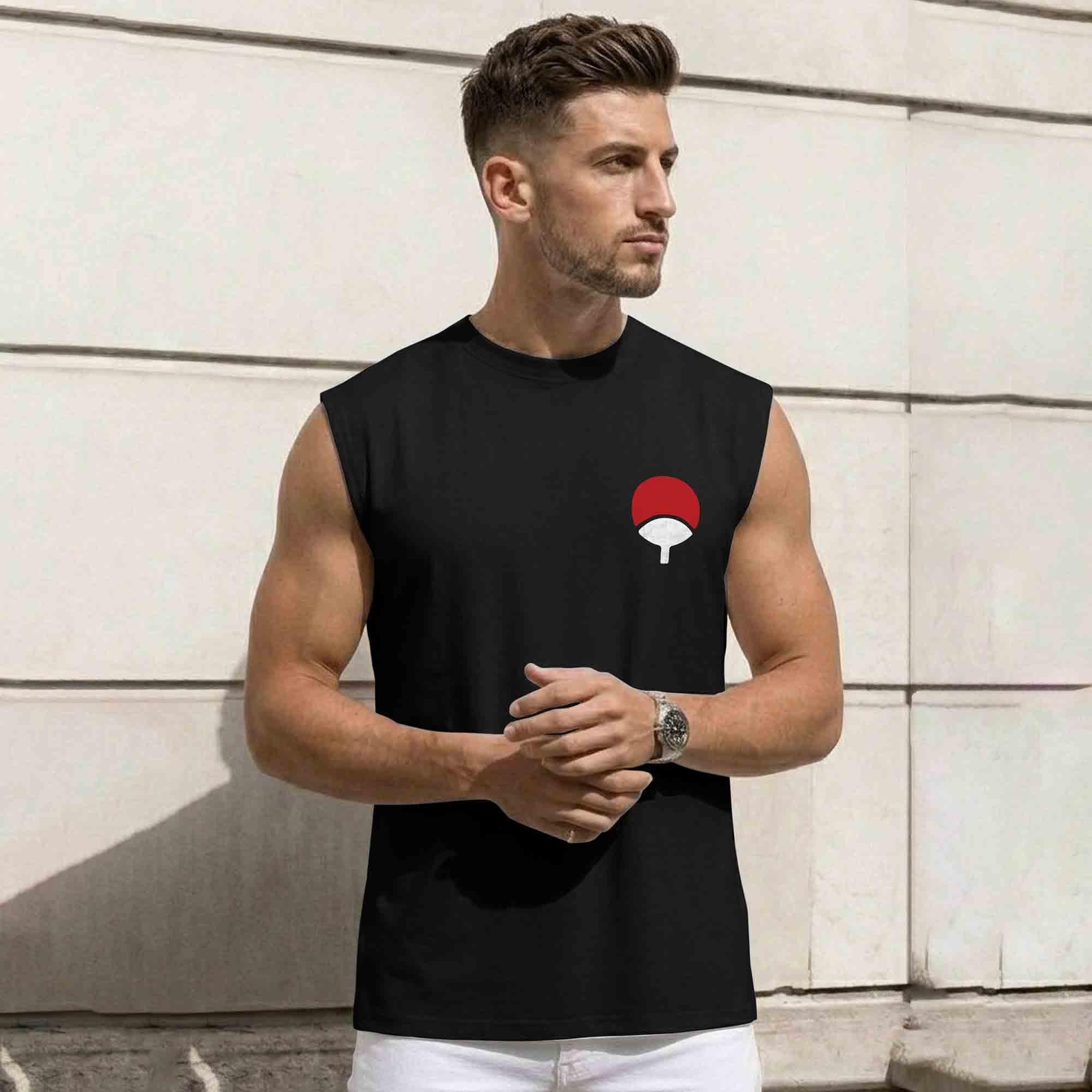Men Round Neck 'itachi' Back Printed Vest Black