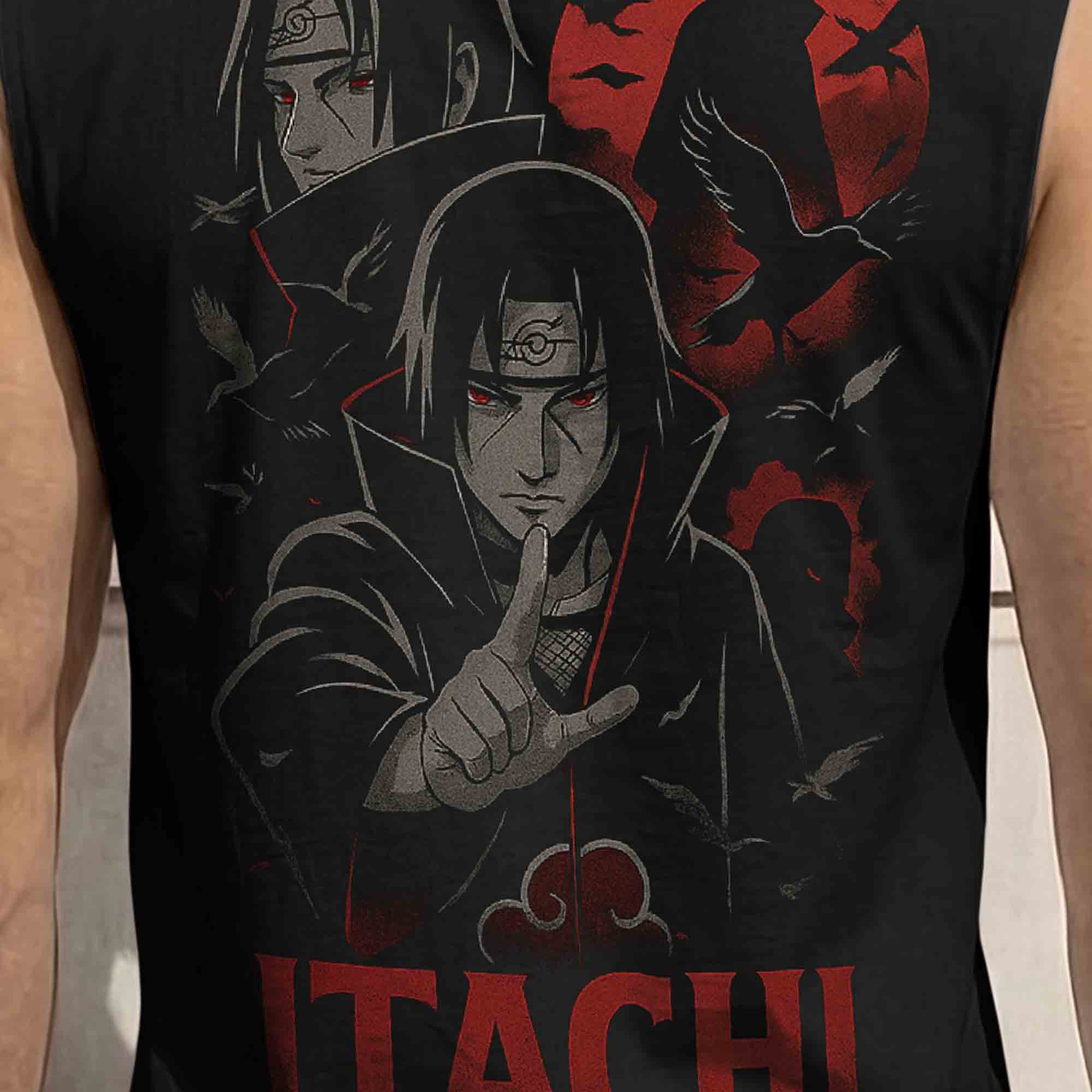 Men Round Neck 'itachi' Back Printed Vest Black