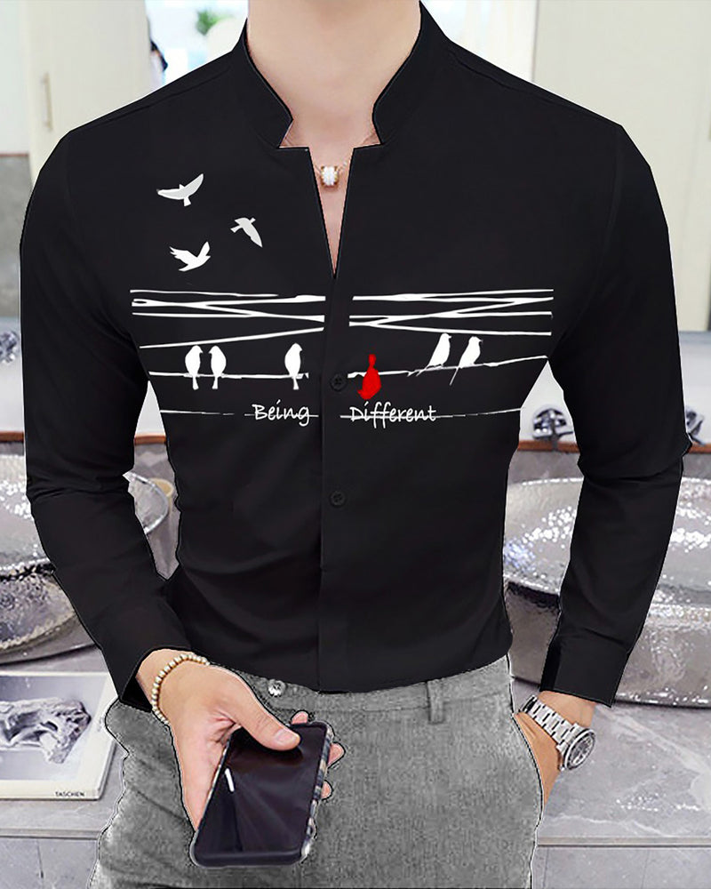 MEN PRINTED BLACK MANDARIN COLLAR FULL HAND SHIRT