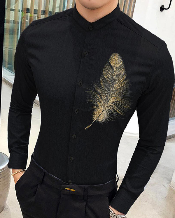 MEN PRINTED BLACK MANDARIN COLLAR FULL HAND SHIRT